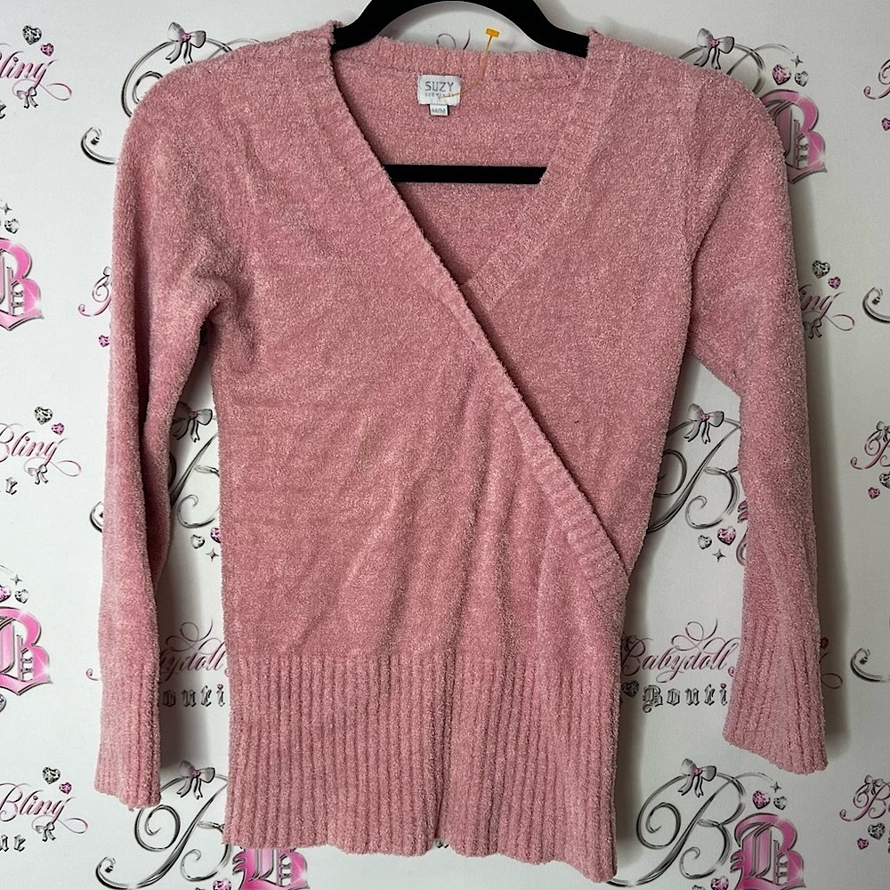 Suzy shier sweater fuzzy furry babyfur Pink V-Neck Ribbed Sweater y2k wrap